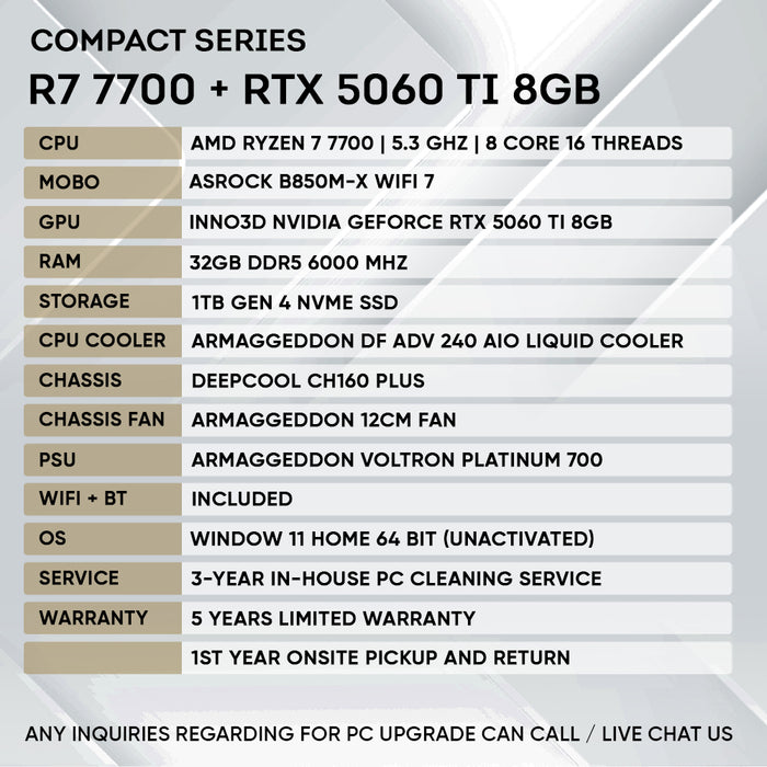 Armaggeddon Compact Series gaming PC with AMD Ryzen 7 7700 and NVIDIA RTX 5060 Ti 8GB, product view