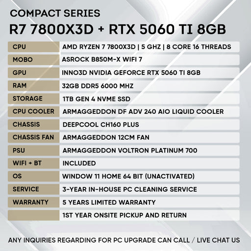 Armaggeddon Gaming PC – AMD Ryzen 7 7800X3D + RTX 5060Ti 8GB | Compact Series 32GB RAM