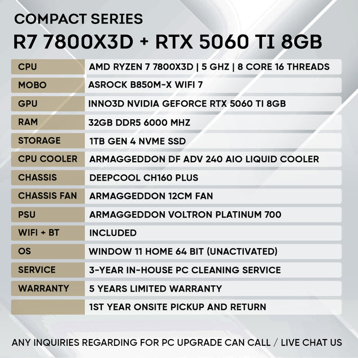 Armaggeddon Compact Series gaming PC with AMD Ryzen 7 7800X3D and NVIDIA RTX 5060 Ti 8GB, product view