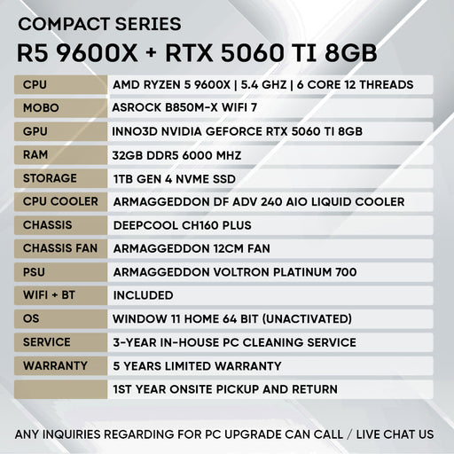 Armaggeddon Gaming PC – AMD Ryzen 5 9600X + RTX 5060Ti 8GB | Compact Series 32GB RAM