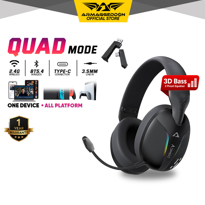 Armaggeddon Cosmic V Quad Mode Wireless RGB Gaming Headset Bluetooth 5.4, 2.4GHz USB-A USB-C, 40mm Drivers & Detachable Mic