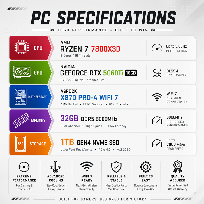 Armaggeddon Gaming PC – AMD Ryzen 7 7800X3D + RTX 5060Ti 16GB | Extreme Performance Build