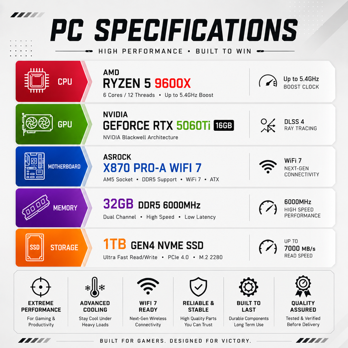 Armaggeddon Gaming PC – AMD Ryzen 5 9600X + RTX 5060Ti 16GB | Extreme Performance Build