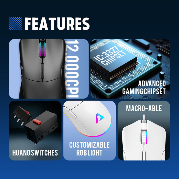 Armaggeddon Falcon V Stealth Wired RGB Gaming Mouse 12000 CPI, 1000Hz Polling Rate, 7 Programmable Buttons, Black/White