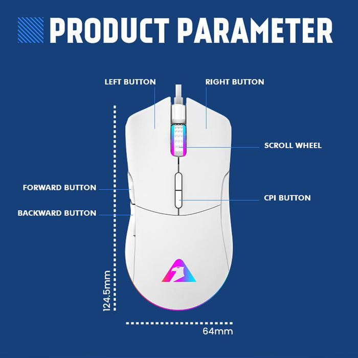 Armaggeddon Falcon V Stealth Wired RGB Gaming Mouse 12000 CPI, 1000Hz Polling Rate, 7 Programmable Buttons, Black/White