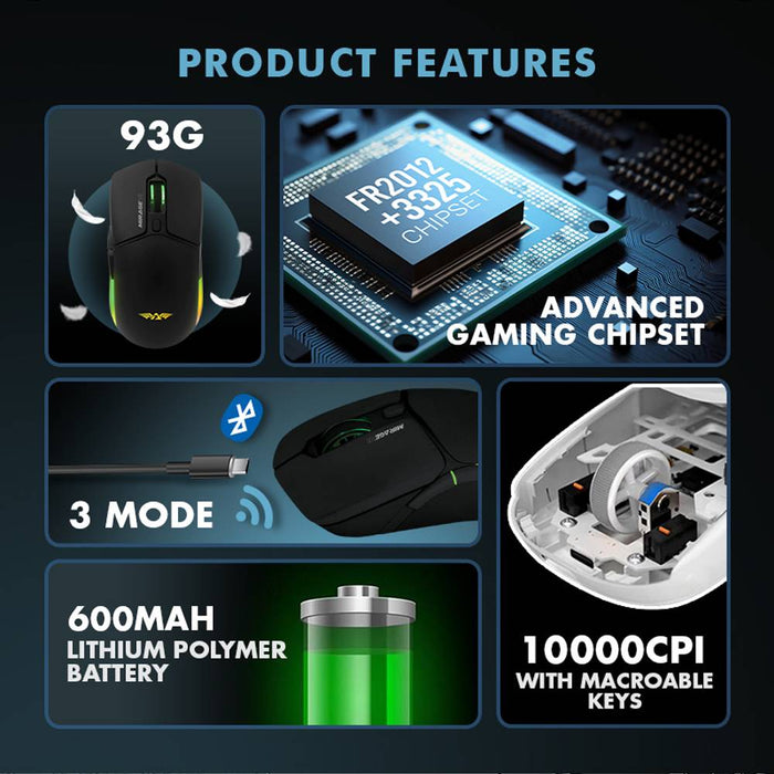 Armaggeddon Mirage VI Tri Mode Wireless Gaming Mouse 10000 CPI, 1000Hz, Bluetooth 5.0, 2.4GHz, USB-C, RGB