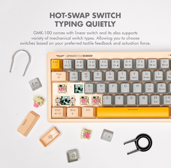 Armaggeddon GMK 100 RGB 60% Tri Mode Mechanical Keyboard 63 Key Hot Swappable, Bluetooth, 2.4GHz Wireless, USB-C, Linear Switches