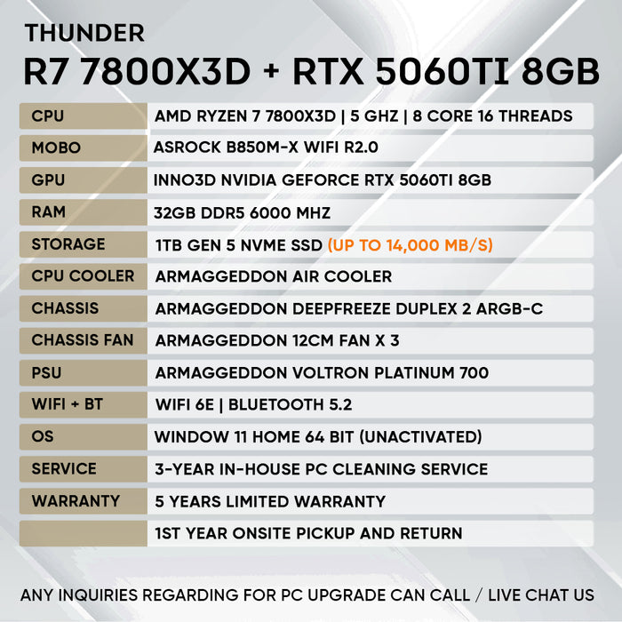 RYZEN 7 7800X3D + RTX 5060 Ti 8GB (GEN 5 NVME) (LIMITED 5 UNITS)