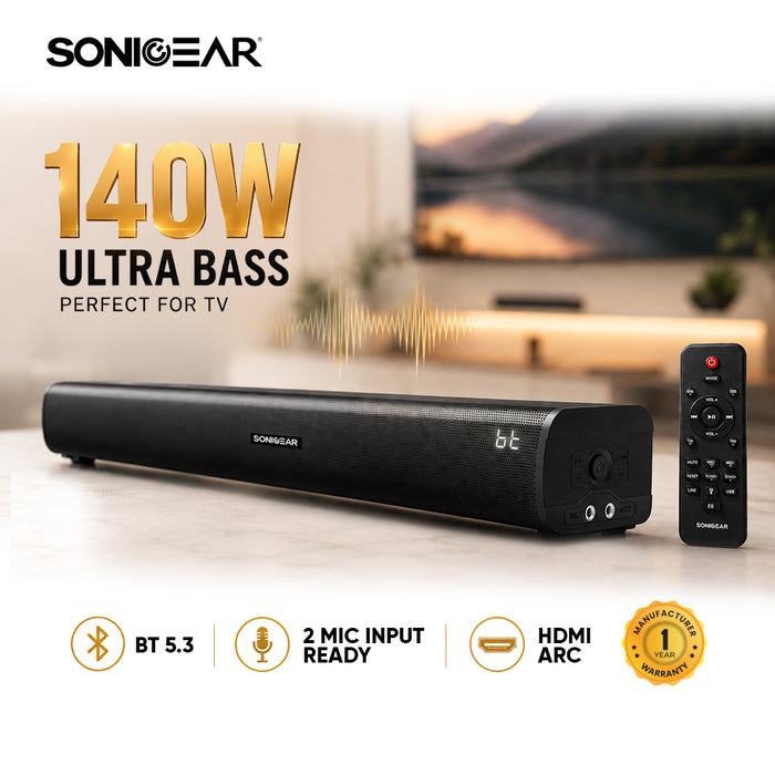 SonicGear SonicBar HD7000 Ultra Bass 140W TV Soundbar Bluetooth 5.0 | HDMI ARC, Optical & Dual Karaoke Mic Input