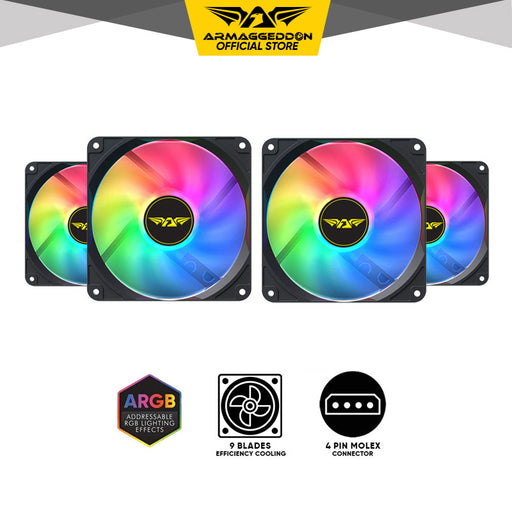 Armaggeddon ARGB Kit 5000 120mm PC Cooling Fan 4 Pack 5V 3 Pin ARGB, Molex Power, Hydraulic Bearing