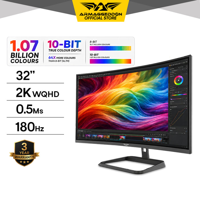 Armaggeddon PXP 32 PRO G 32" 2K WQHD Curved Gaming Monitor 180Hz 0.5ms 10-Bit Colour FreeSync & G-SYNC Compatible