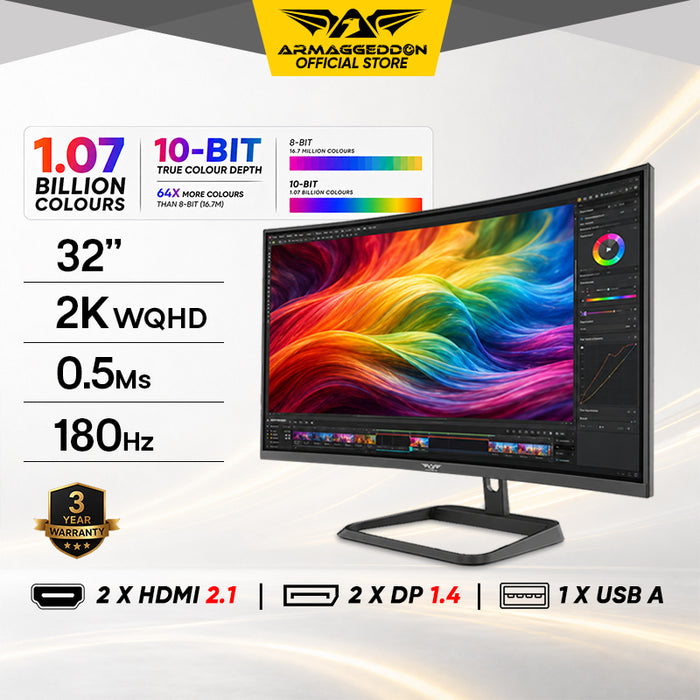 Armaggeddon PXP 32 PRO G 32" 2K WQHD Curved Gaming Monitor 180Hz 0.5ms 10-Bit Colour FreeSync & G-SYNC Compatible
