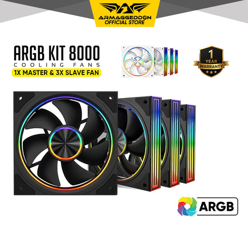Armaggeddon PWM 120-V ARGB Kit 8000 120mm PC Cooling Fan 4 Pack – 1200RPM, 40CFM, Hydraulic Bearing, Black/White