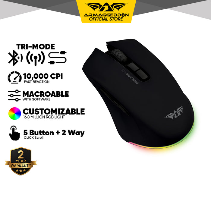 Armaggeddon Mirage VII Tri Mode Wireless Gaming Mouse 10000 CPI, 1000Hz, 7 Buttons, Bluetooth 5.0, 2.4GHz, USB-C, RGB