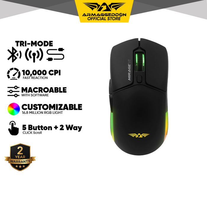 Armaggeddon Mirage VI Tri Mode Wireless Gaming Mouse 10000 CPI, 1000Hz, Bluetooth 5.0, 2.4GHz, USB-C, RGB