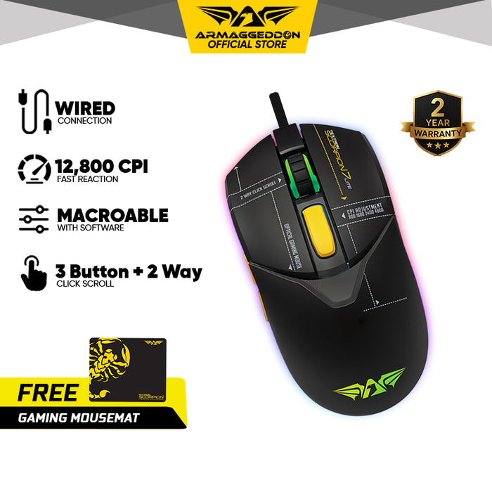 Armaggeddon Textron Scorpion 7 Lite Wired RGB Gaming Mouse – 4800 CPI, 80g Lightweight, 5 Programmable Buttons, Huano Switches with Free Mouse Mat