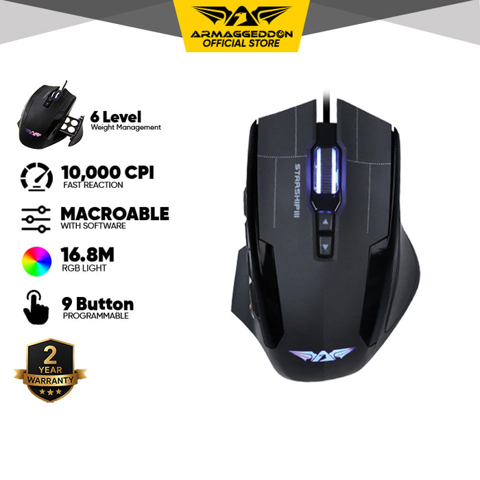 Armaggeddon NRO-5 Starship III Wired RGB Gaming Mouse 10000 CPI, 9+2 Programmable Buttons, Adjustable Weight, Omron Switches