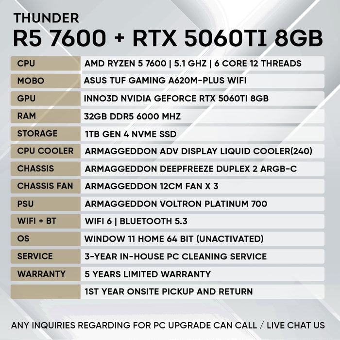 RYZEN 5 7600 + RTX 5060 Ti 8GB (SAME DAY DELIVERY)