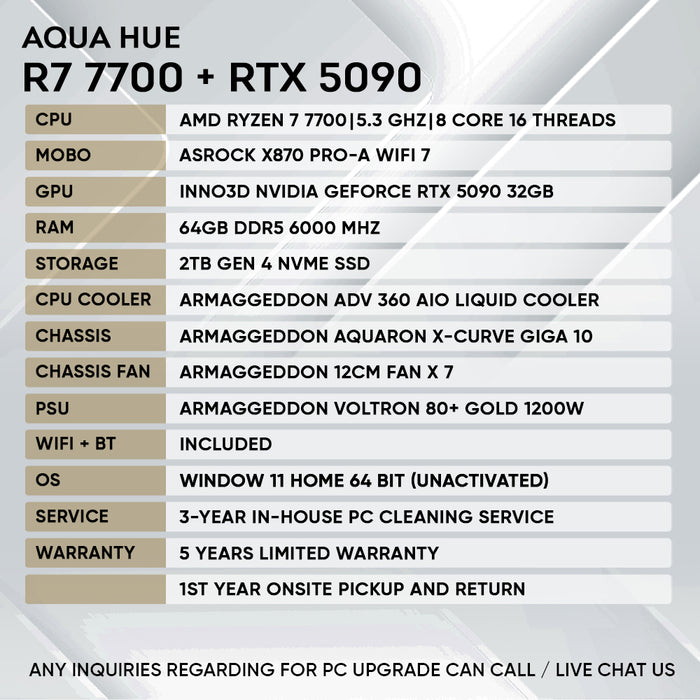 Aqua Hue gaming PC specification graphic with Ryzen 7 7700 and RTX 5090