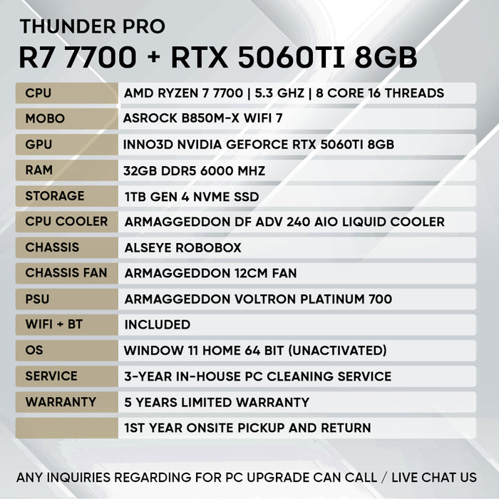Armaggeddon Gaming PC - AMD RYZEN 7 7700 + RTX 5060Ti 8GB | Alseye Robobox