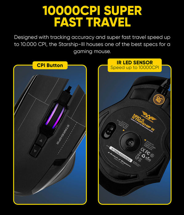 Armaggeddon NRO-5 Starship III Wired RGB Gaming Mouse 10000 CPI, 9+2 Programmable Buttons, Adjustable Weight, Omron Switches