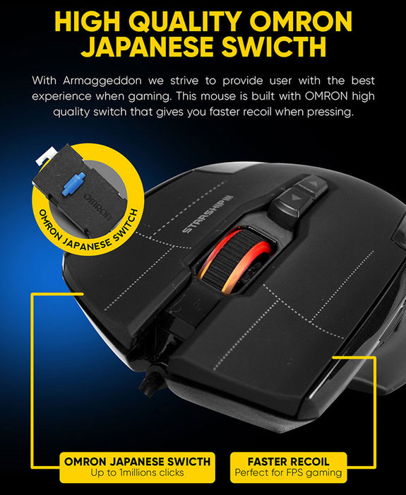 Armaggeddon NRO-5 Starship III Wired RGB Gaming Mouse 10000 CPI, 9+2 Programmable Buttons, Adjustable Weight, Omron Switches