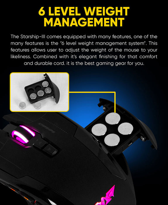 Armaggeddon NRO-5 Starship III Wired RGB Gaming Mouse 10000 CPI, 9+2 Programmable Buttons, Adjustable Weight, Omron Switches