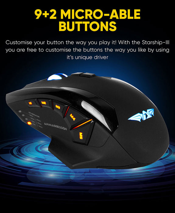 Armaggeddon NRO-5 Starship III Wired RGB Gaming Mouse 10000 CPI, 9+2 Programmable Buttons, Adjustable Weight, Omron Switches