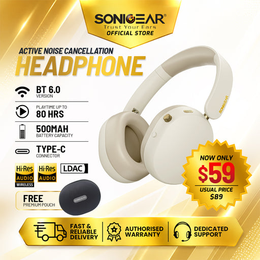 SonicGear Aura Clear 5 Hi-Res LDAC ANC Wireless Headphones Bluetooth 6.0 | 5-Mic ENC, 80H Battery & Gaming Mode (FLASH SALE)