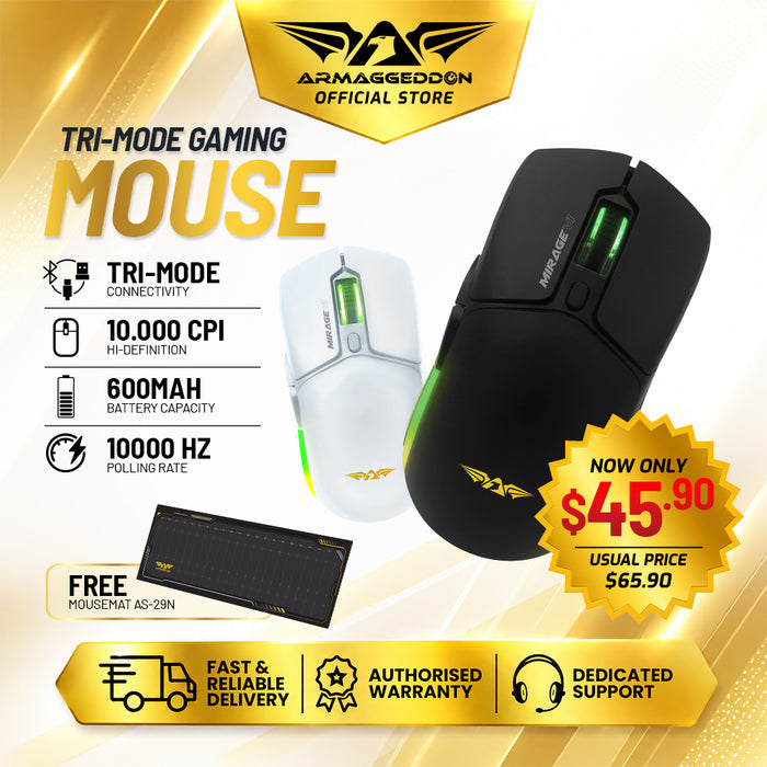 Armaggeddon Mirage VI Tri Mode Wireless Gaming Mouse 10000 CPI, 1000Hz, Bluetooth 5.0, 2.4GHz, USB-C, RGB (FLASH SALE)