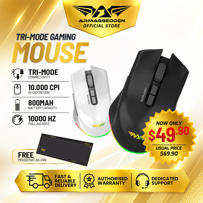 Armaggeddon Mirage VII Tri Mode Wireless Gaming Mouse 10000 CPI, 1000Hz, 7 Buttons, Bluetooth 5.0, 2.4GHz, USB-C, RGB (FLASH SALE)
