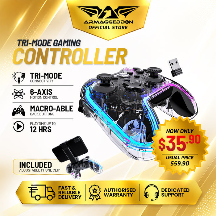Armaggeddon Morph 7 RGB Nitro Wireless Gaming Controller Bluetooth 5.0, 2.4GHz & Wired, 6-Axis Motion, Phone Clip (FLASH SALE)