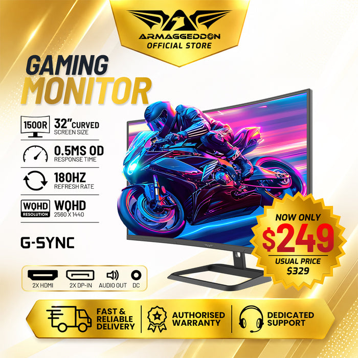 Armaggeddon PXP 32 PRO G 32" 2K WQHD Curved Gaming Monitor 180Hz 0.5ms 10-Bit Colour FreeSync & G-SYNC Compatible (FLASH SALE)