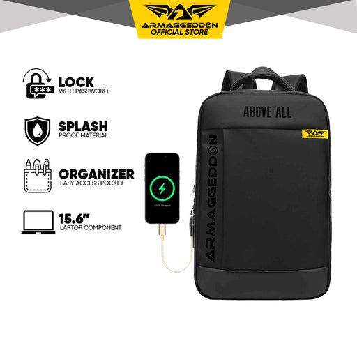 Armaggeddon Shield 7 Slim Anti Theft Laptop Backpack with USB Charging Port, Splash-Resistant Material & YKK Zip