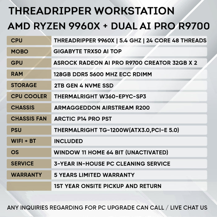 Armaggeddon AI Workstation PC - AMD THREADRIPPER 9960X + DUAL AI PRO R9700 | AI Training & LLM Workstation