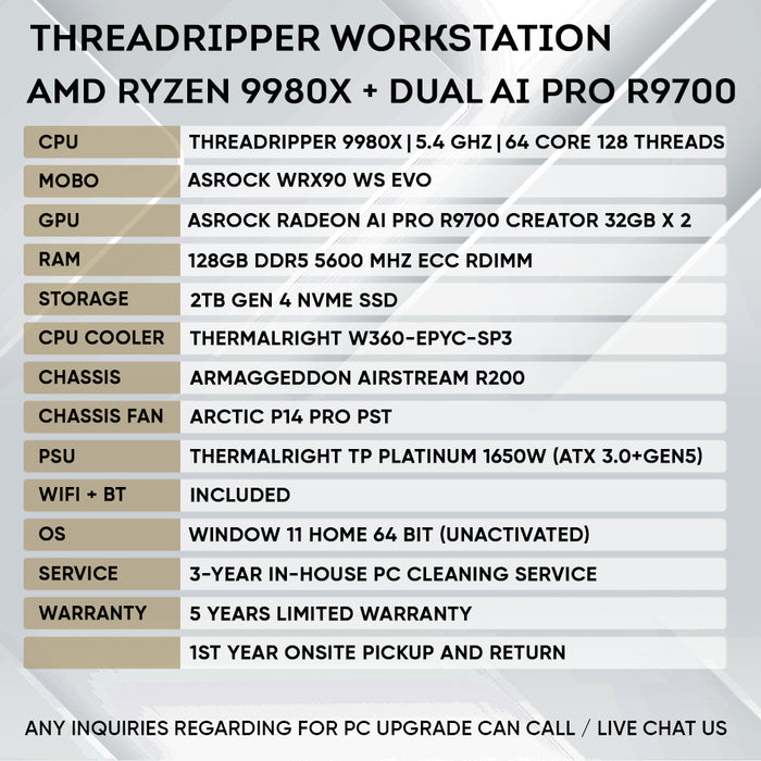 Armaggeddon AI Workstation PC - AMD THREADRIPPER 9980X + DUAL AI PRO R9700 | AI Training & LLM Workstation