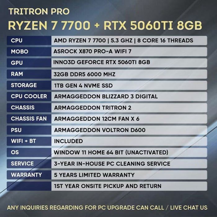 ArmaggeddonPC Ryzen 7 7700 RTX 5060 Ti 8GB desktop PC product image