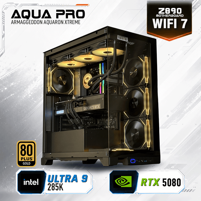 Armaggeddon Aqua Pro Intel Ultra 9 285K RTX 5080i gaming PC banner