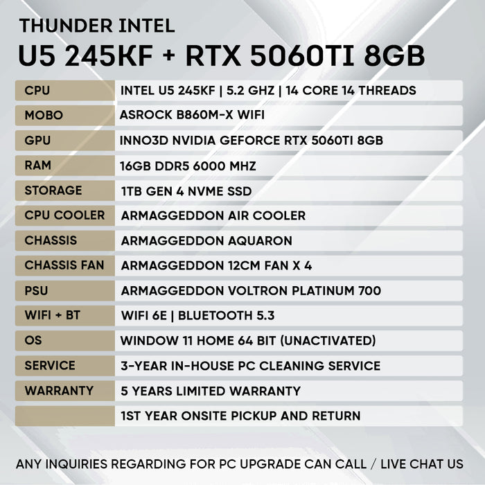 Armaggeddon Gaming PC – INTEL Ultra 5 245KF + RTX 5060Ti 8GB | Custom Built Desktop