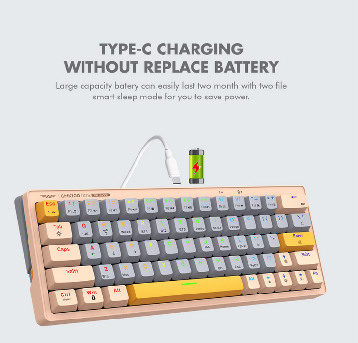 Armaggeddon GMK 100 RGB 60% Tri Mode Mechanical Keyboard 63 Key Hot Swappable, Bluetooth, 2.4GHz Wireless, USB-C, Linear Switches