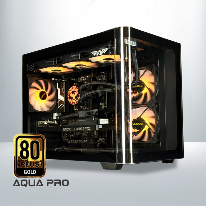 Aqua gaming PC product view with Ryzen 7 7800X3D and RTX 5070 Ti