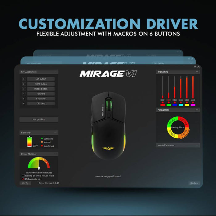 Armaggeddon Mirage VI Tri Mode Wireless Gaming Mouse 10000 CPI, 1000Hz, Bluetooth 5.0, 2.4GHz, USB-C, RGB