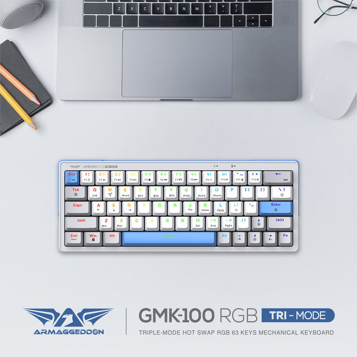 Armaggeddon GMK 100 RGB 60% Tri Mode Mechanical Keyboard 63 Key Hot Swappable, Bluetooth, 2.4GHz Wireless, USB-C, Linear Switches
