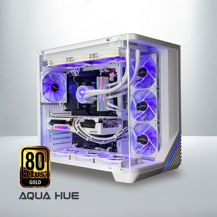 Aqua Hue RTX 5090 gaming PC on a neutral studio background